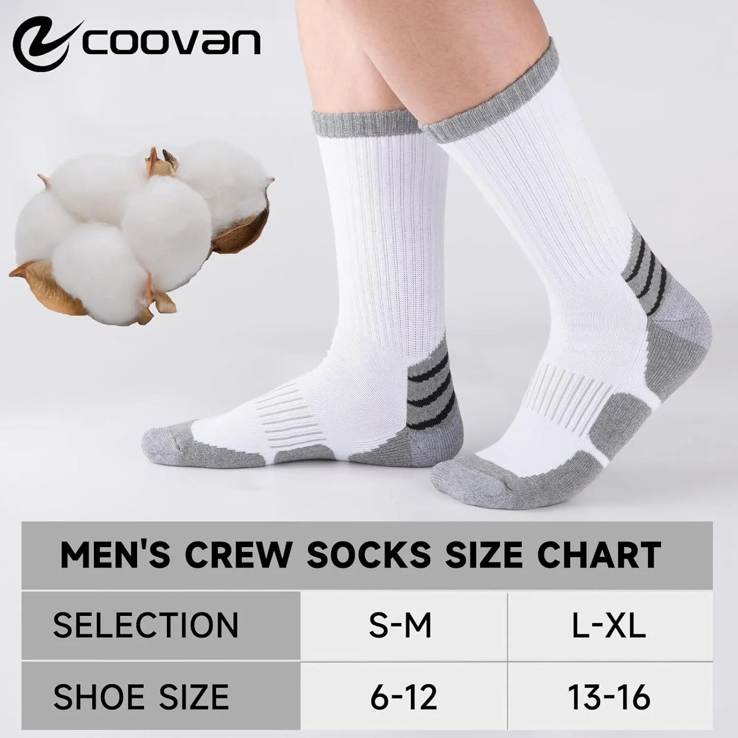COOVAN Mens Cotton Crew Socks Moisture Wicking Cushioned Athletic Heavy Duty Work Boot Socks 6 Pairs