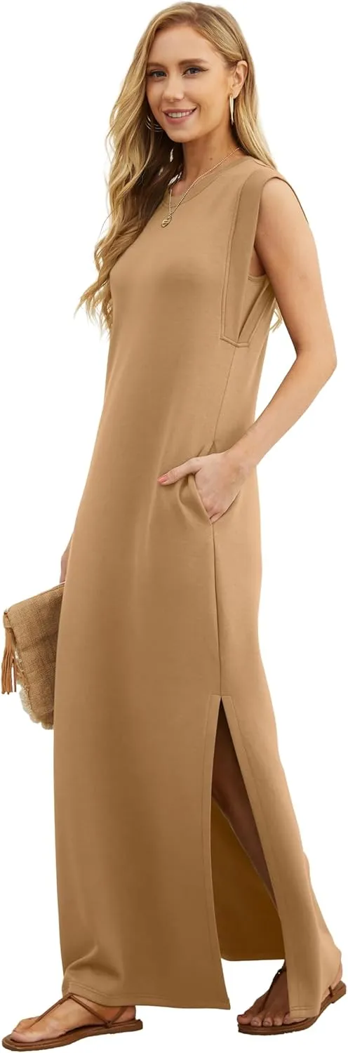 GRECERELLE 2025 Women Year-Round Casual Round Neck Loose Split Wrinkle-Free Long Maxi Vacation Dress with Pockets (XS-3XL)