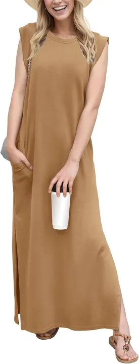 GRECERELLE 2025 Women Year-Round Casual Round Neck Loose Split Wrinkle-Free Long Maxi Vacation Dress with Pockets (XS-3XL)