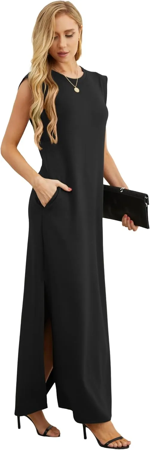 GRECERELLE 2025 Women Year-Round Casual Round Neck Loose Split Wrinkle-Free Long Maxi Vacation Dress with Pockets (XS-3XL)