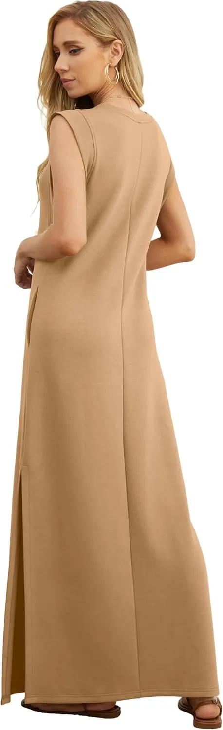 GRECERELLE 2025 Women Year-Round Casual Round Neck Loose Split Wrinkle-Free Long Maxi Vacation Dress with Pockets (XS-3XL)