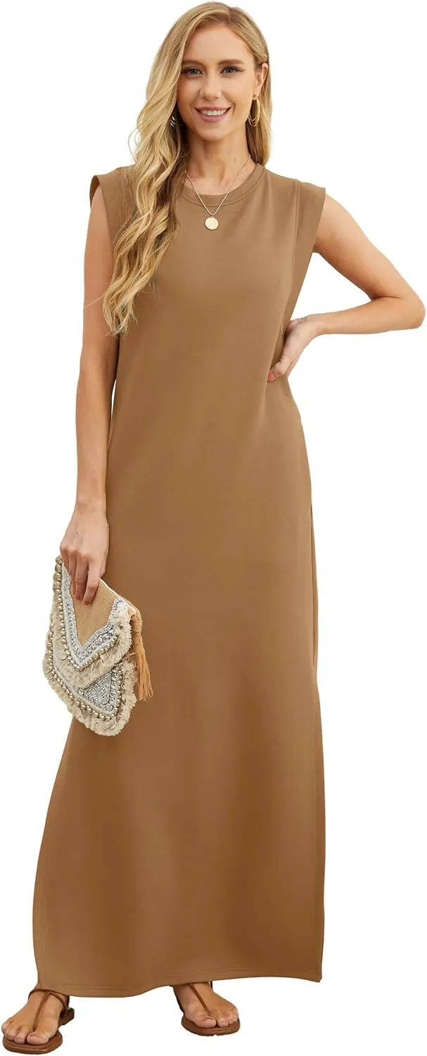 GRECERELLE 2025 Women Year-Round Casual Round Neck Loose Split Wrinkle-Free Long Maxi Vacation Dress with Pockets (XS-3XL)