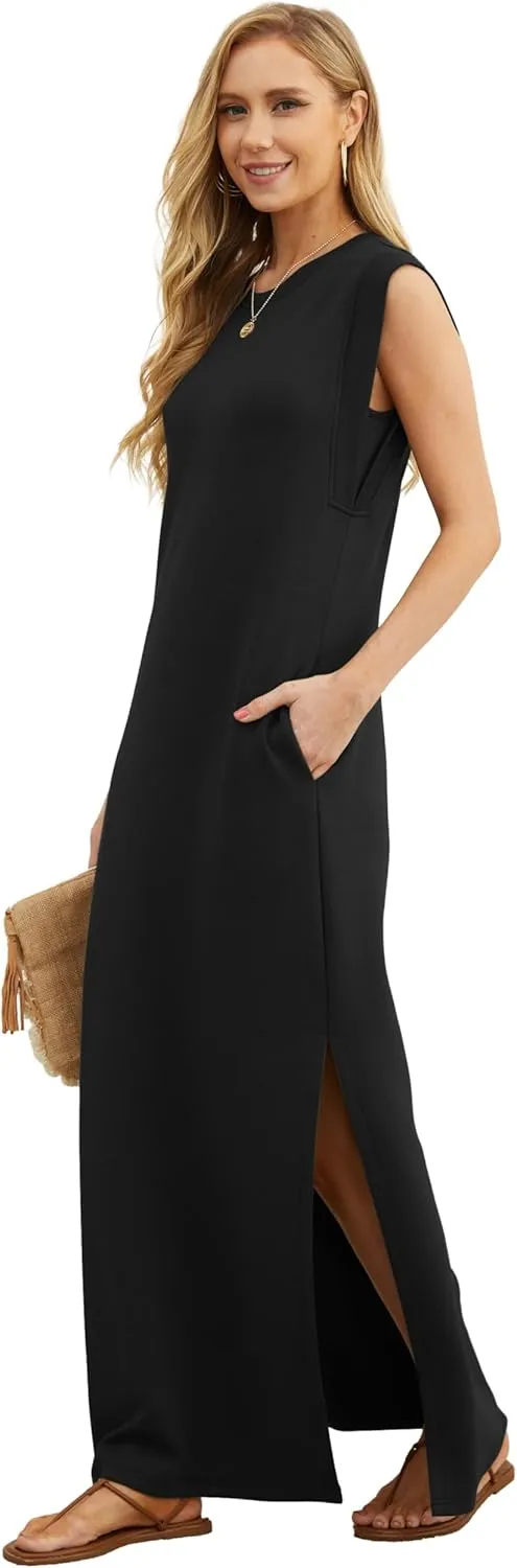 GRECERELLE 2025 Women Year-Round Casual Round Neck Loose Split Wrinkle-Free Long Maxi Vacation Dress with Pockets (XS-3XL)