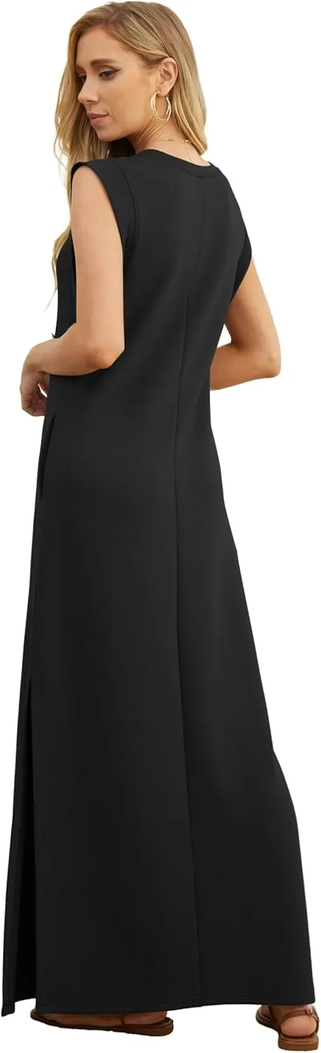 GRECERELLE 2025 Women Year-Round Casual Round Neck Loose Split Wrinkle-Free Long Maxi Vacation Dress with Pockets (XS-3XL)
