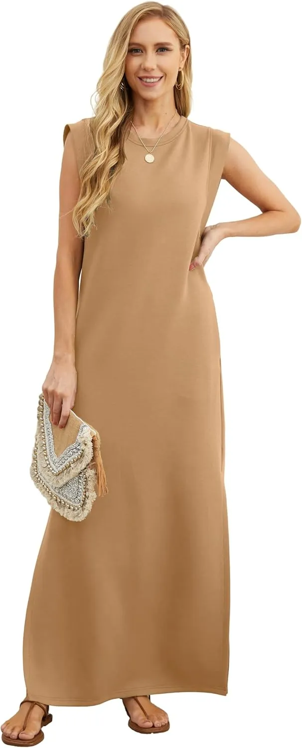 GRECERELLE 2025 Women Year-Round Casual Round Neck Loose Split Wrinkle-Free Long Maxi Vacation Dress with Pockets (XS-3XL)