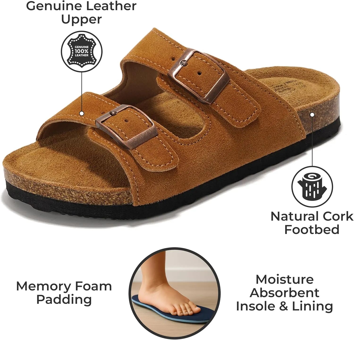Project Cloud Genuine Leather Slides For Kids - Natural Cork Footbed Summer Sandals Beach Slide Sandals for Girls & Boys - Non-Slip Boys & Girls Sandals (Little Venita)