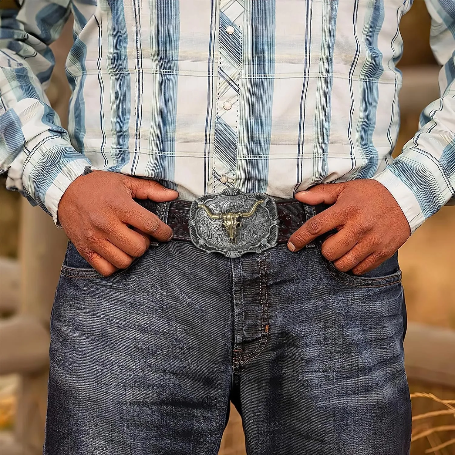 SANSTHS Cowboy Belts for Men Women Western Buckle Belt Cowboy Cowgirl Embossed Leather Belt for Jeans Christmas Gifts Belt