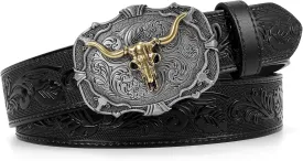 SANSTHS Cowboy Belts for Men Women Western Buckle Belt Cowboy Cowgirl Embossed Leather Belt for Jeans Christmas Gifts Belt