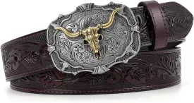 SANSTHS Cowboy Belts for Men Women Western Buckle Belt Cowboy Cowgirl Embossed Leather Belt for Jeans Christmas Gifts Belt
