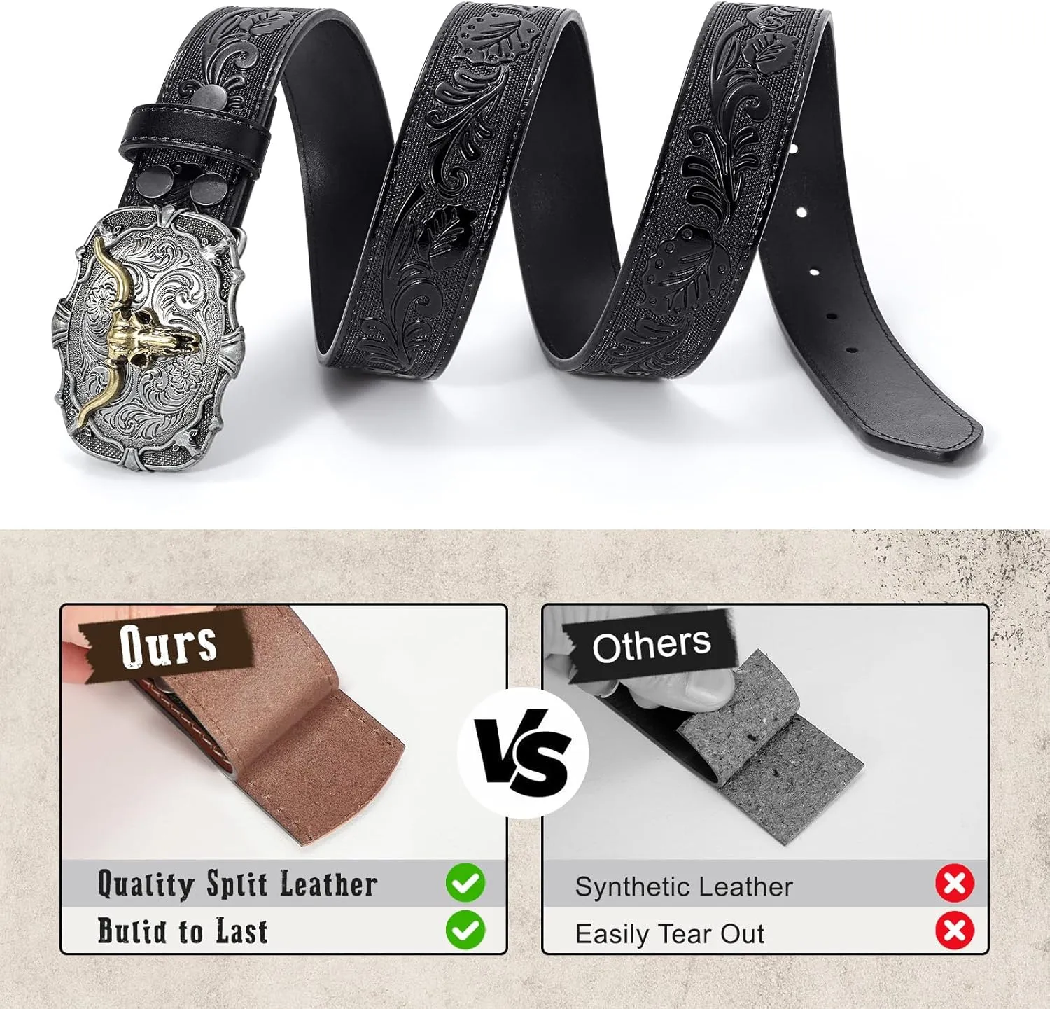SANSTHS Cowboy Belts for Men Women Western Buckle Belt Cowboy Cowgirl Embossed Leather Belt for Jeans Christmas Gifts Belt