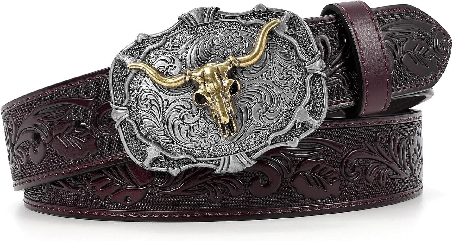 SANSTHS Cowboy Belts for Men Women Western Buckle Belt Cowboy Cowgirl Embossed Leather Belt for Jeans Christmas Gifts Belt