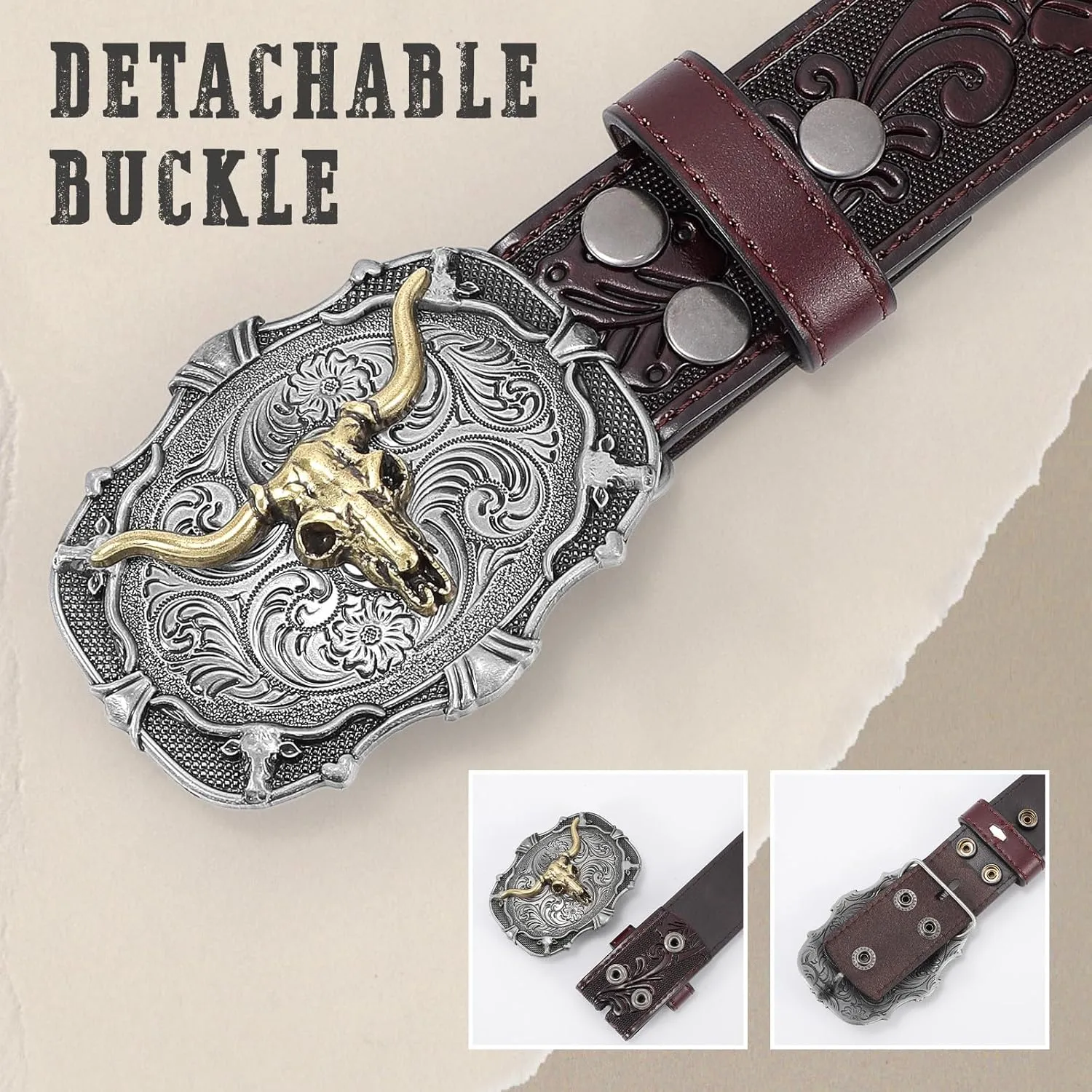 SANSTHS Cowboy Belts for Men Women Western Buckle Belt Cowboy Cowgirl Embossed Leather Belt for Jeans Christmas Gifts Belt
