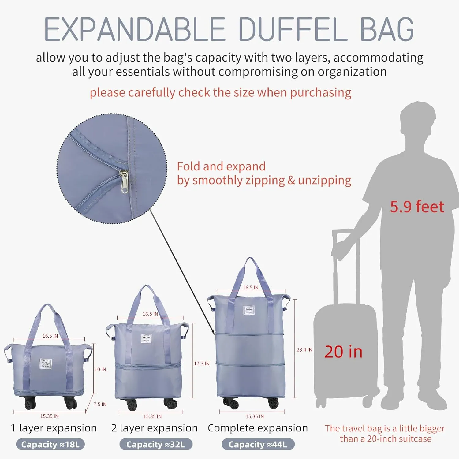 VOOWO Rolling Duffle Bag with Wheels, Expandable Foldable Duffle Bag for Travel, Rolling Under Seat Luggage Carry on Duffel Bags, Wheeled Travel Duffel Weekend Bags, Capacity 18L to 44L (Blue)