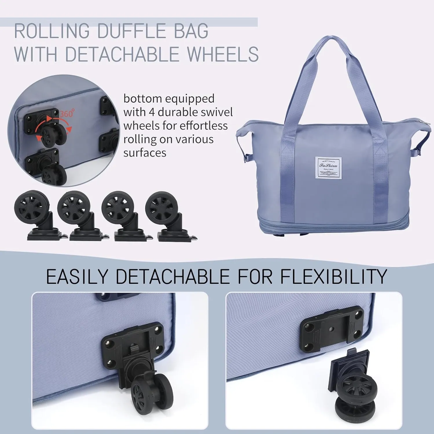 VOOWO Rolling Duffle Bag with Wheels, Expandable Foldable Duffle Bag for Travel, Rolling Under Seat Luggage Carry on Duffel Bags, Wheeled Travel Duffel Weekend Bags, Capacity 18L to 44L (Blue)