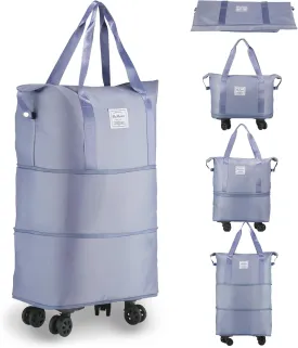 VOOWO Rolling Duffle Bag with Wheels, Expandable Foldable Duffle Bag for Travel, Rolling Under Seat Luggage Carry on Duffel Bags, Wheeled Travel Duffel Weekend Bags, Capacity 18L to 44L (Blue)