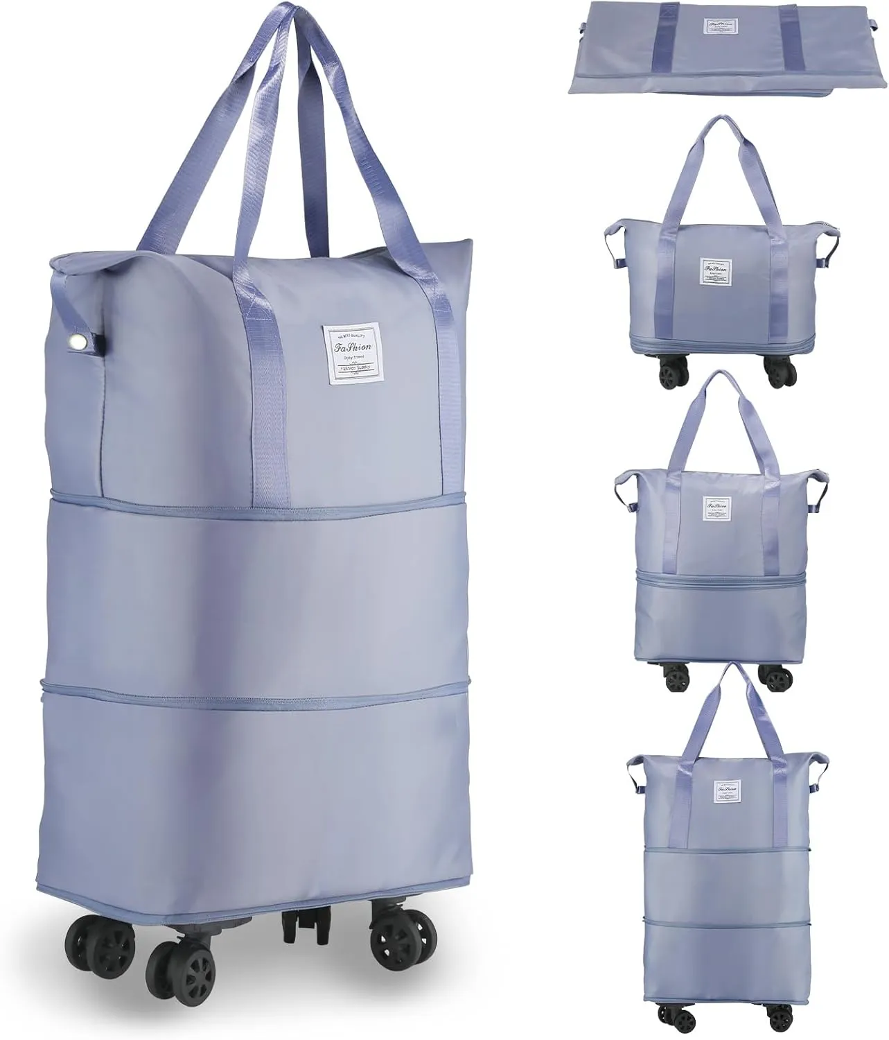 VOOWO Rolling Duffle Bag with Wheels, Expandable Foldable Duffle Bag for Travel, Rolling Under Seat Luggage Carry on Duffel Bags, Wheeled Travel Duffel Weekend Bags, Capacity 18L to 44L (Blue)