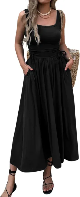 Women??s Boho Summer Maxi Dress with Pockets, Adjustable Waist, Sleeveless Casual Ruched Sundress for Beach Vacation