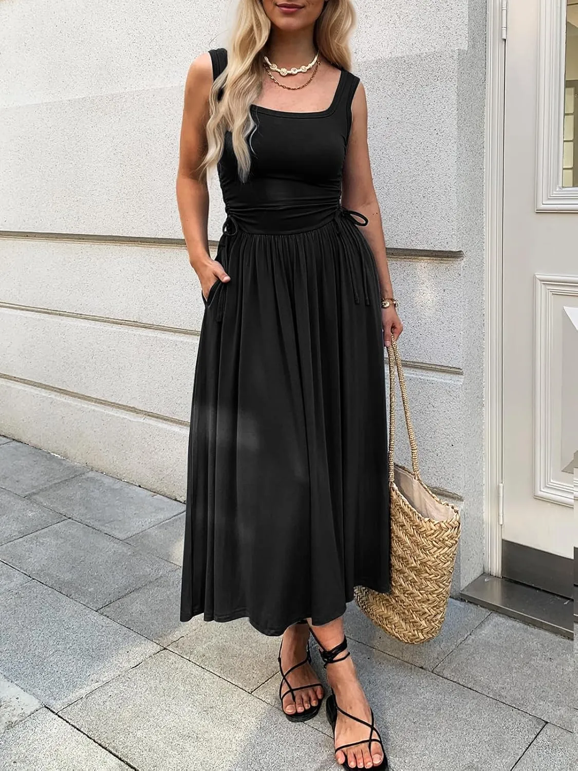 Women??s Boho Summer Maxi Dress with Pockets, Adjustable Waist, Sleeveless Casual Ruched Sundress for Beach Vacation