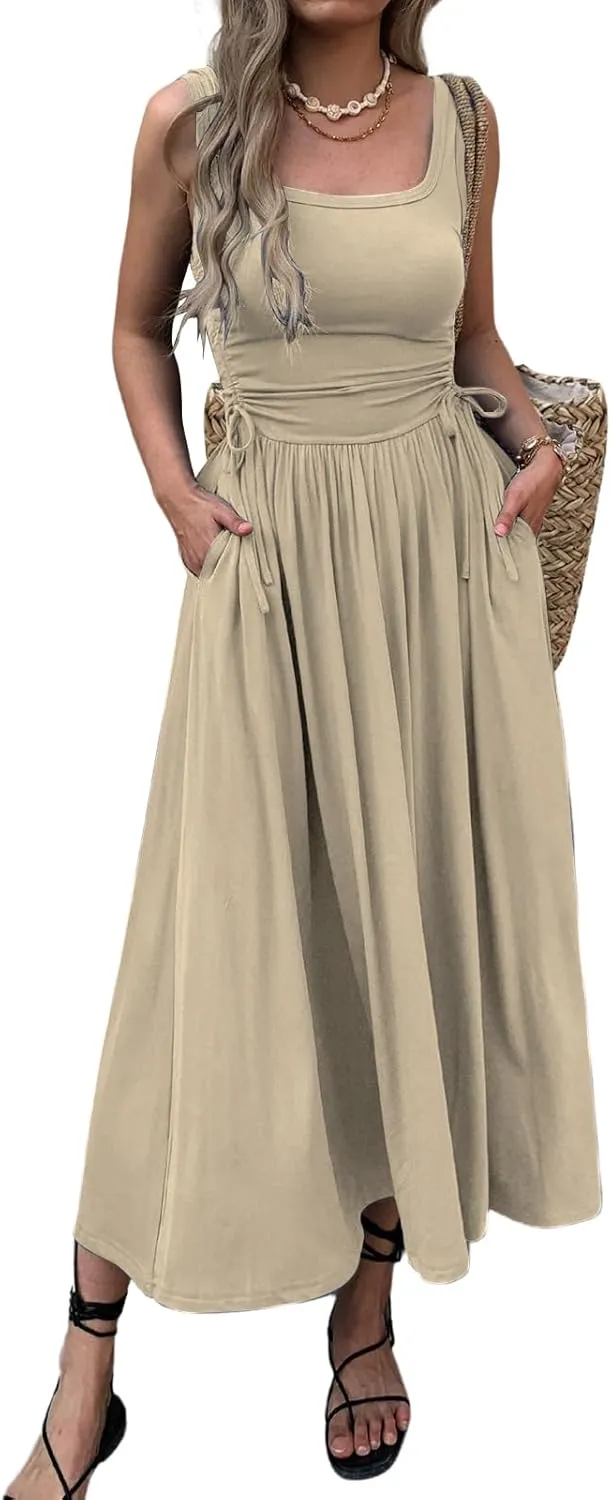 Women??s Boho Summer Maxi Dress with Pockets, Adjustable Waist, Sleeveless Casual Ruched Sundress for Beach Vacation