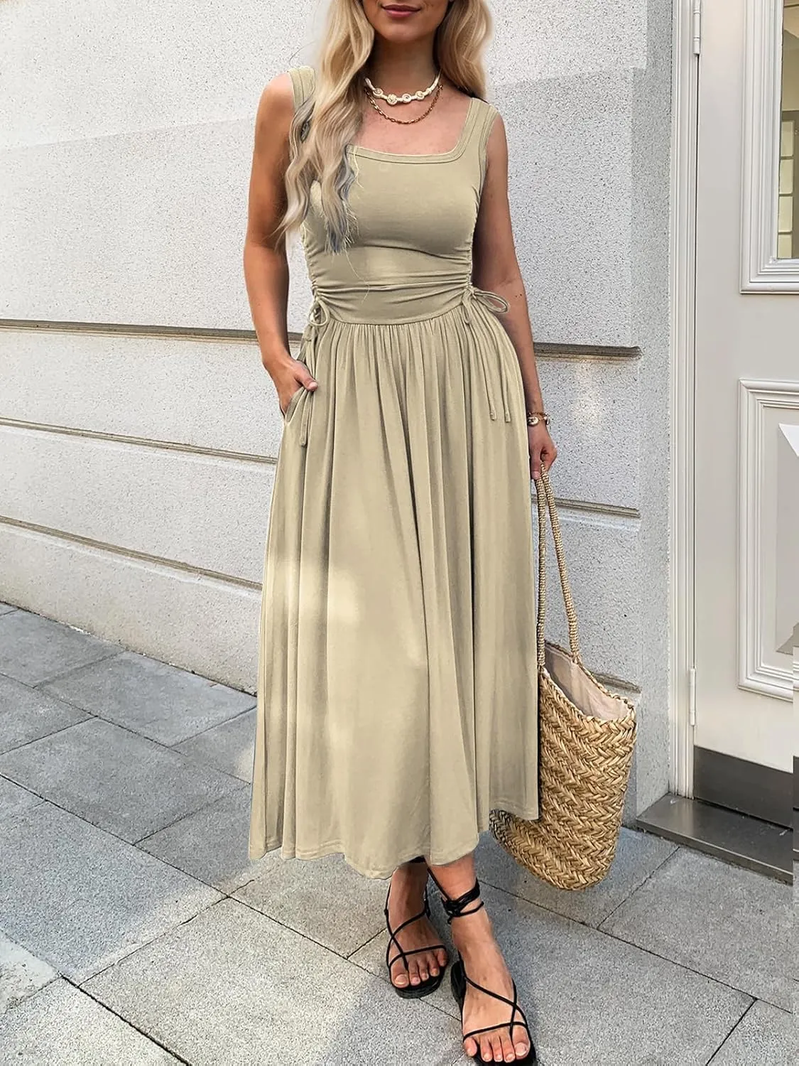 Women??s Boho Summer Maxi Dress with Pockets, Adjustable Waist, Sleeveless Casual Ruched Sundress for Beach Vacation
