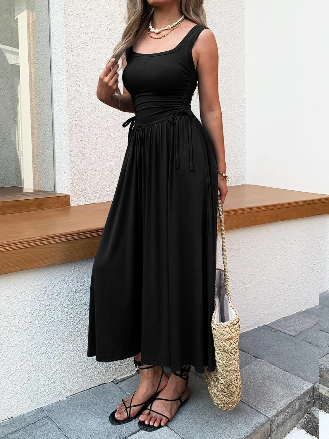 Women??s Boho Summer Maxi Dress with Pockets, Adjustable Waist, Sleeveless Casual Ruched Sundress for Beach Vacation