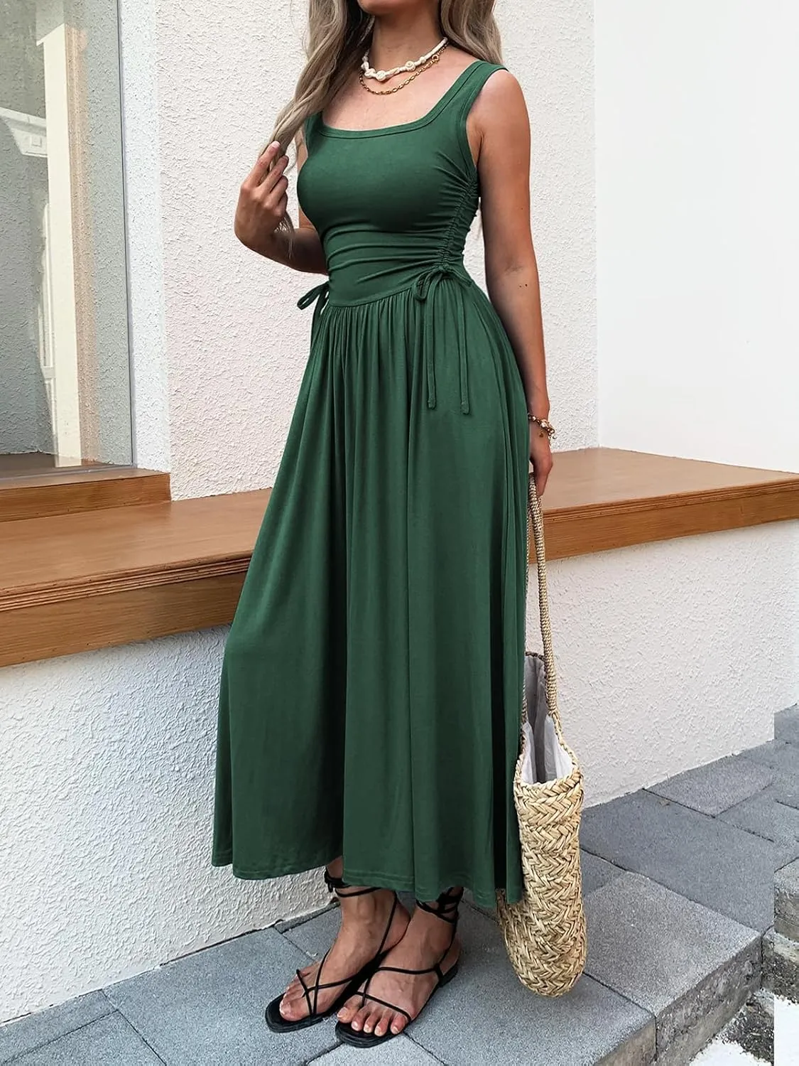 Women??s Boho Summer Maxi Dress with Pockets, Adjustable Waist, Sleeveless Casual Ruched Sundress for Beach Vacation