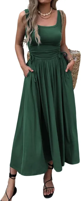 Women??s Boho Summer Maxi Dress with Pockets, Adjustable Waist, Sleeveless Casual Ruched Sundress for Beach Vacation